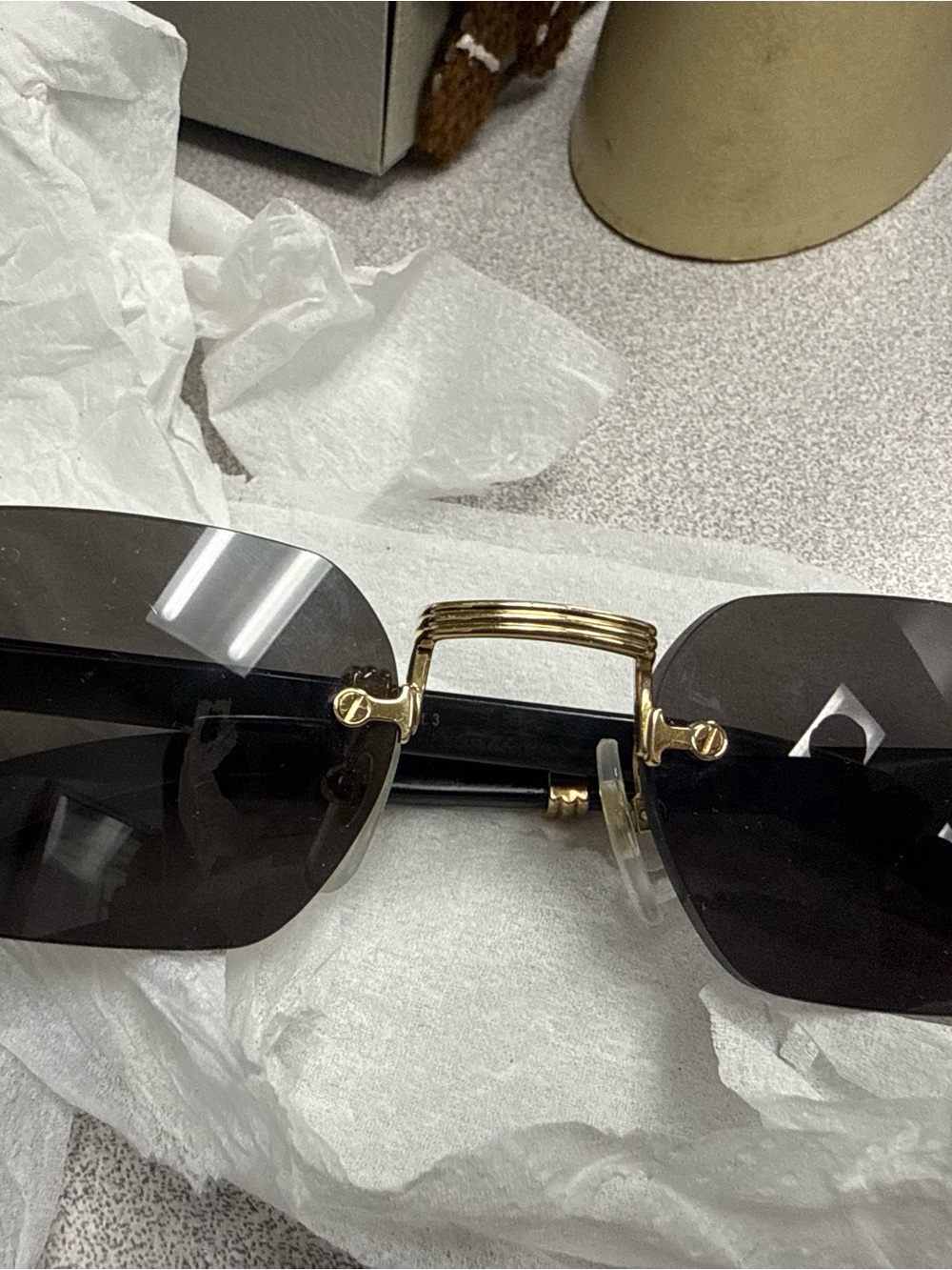 Cartier Gold Bridge Black Lens Rimless Sunglasses